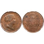 Spain. 25 Centimos, 1860. KM-615.2. Isabel II. Trace of mint red. PCGS graded MS-63 Brown.