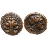 Bruttium, Rhegion. Æ (7.26 g), ca. 350-280 BC. Facing lion's scalp. Reverse: [PHΓINΩN], laureate