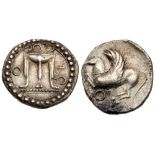 Bruttium, Kroton. Silver Triobol (1.25 g), ca. 460-440 BC. QP-O, tripod. Reverse: Pegasos flying