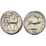 Sicily, Messana. Silver Tetradrachm (17.45 g), ca. 420-413 BC. MESSANA, the nymph Messana, holding
