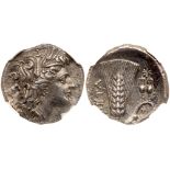 Lucania, Metapontion. Silver Nomos (7.75 g), ca. 290-280 BC. Wreathed head of Demeter right, wearing
