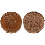 Sweden. Daler, 1718. KM-361. Carl XII. Emergency coinage. Mercury. PCGS graded MS-63 Brown. Estimate