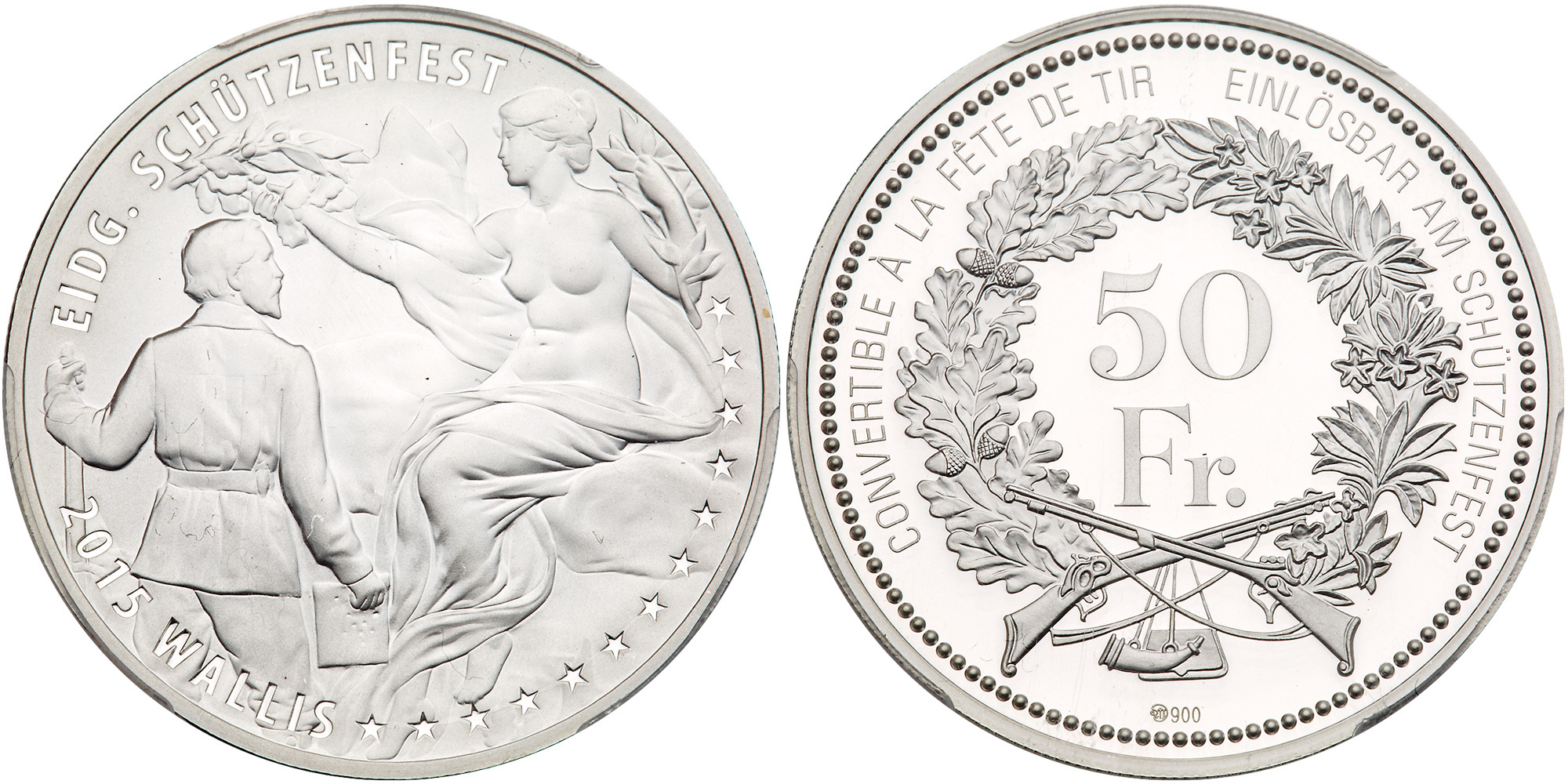 Switzerland. 50 Francs, 2015. Hab-93a. Silver. For the Wallis Shooting Festival. PCGS graded Proof