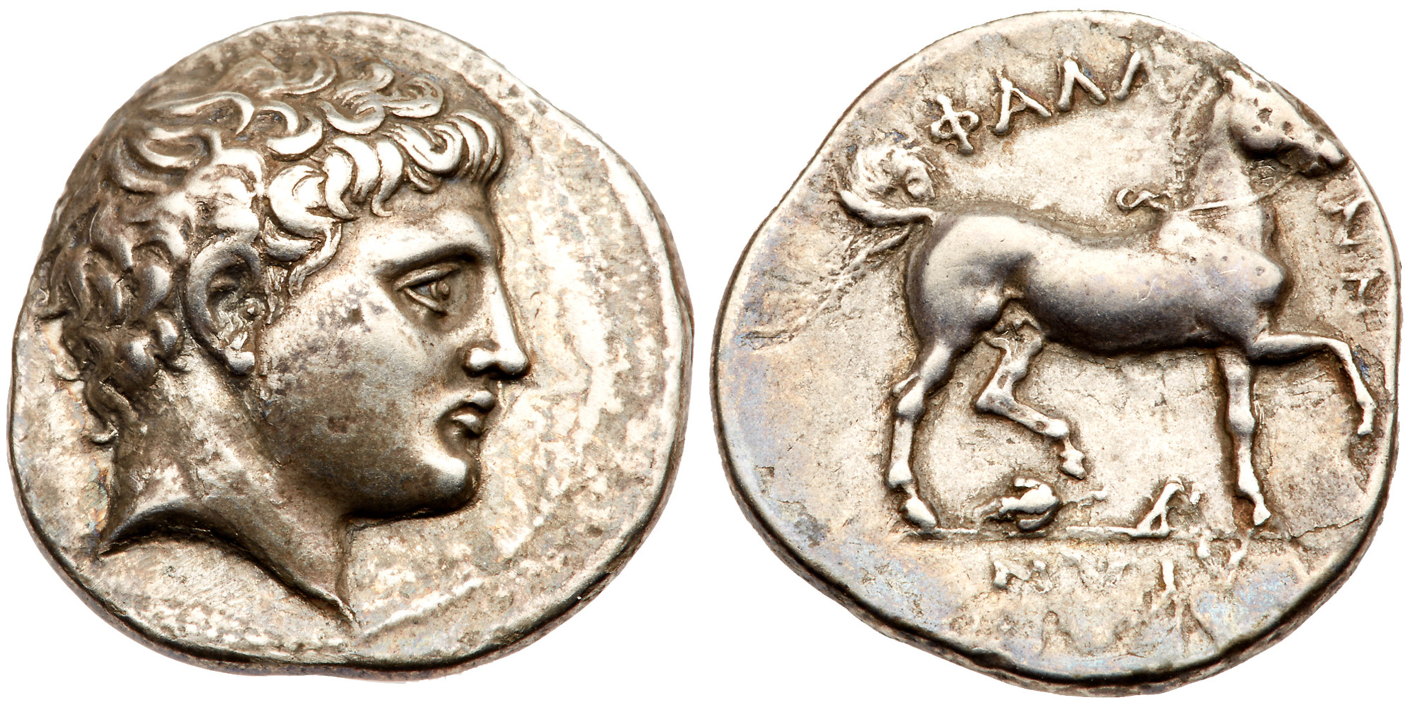 Thessaly, Phalanna. Silver Drachm (5.24 g), ca. 350-340 BC. Bare male head (Ares?) right. Reverse: