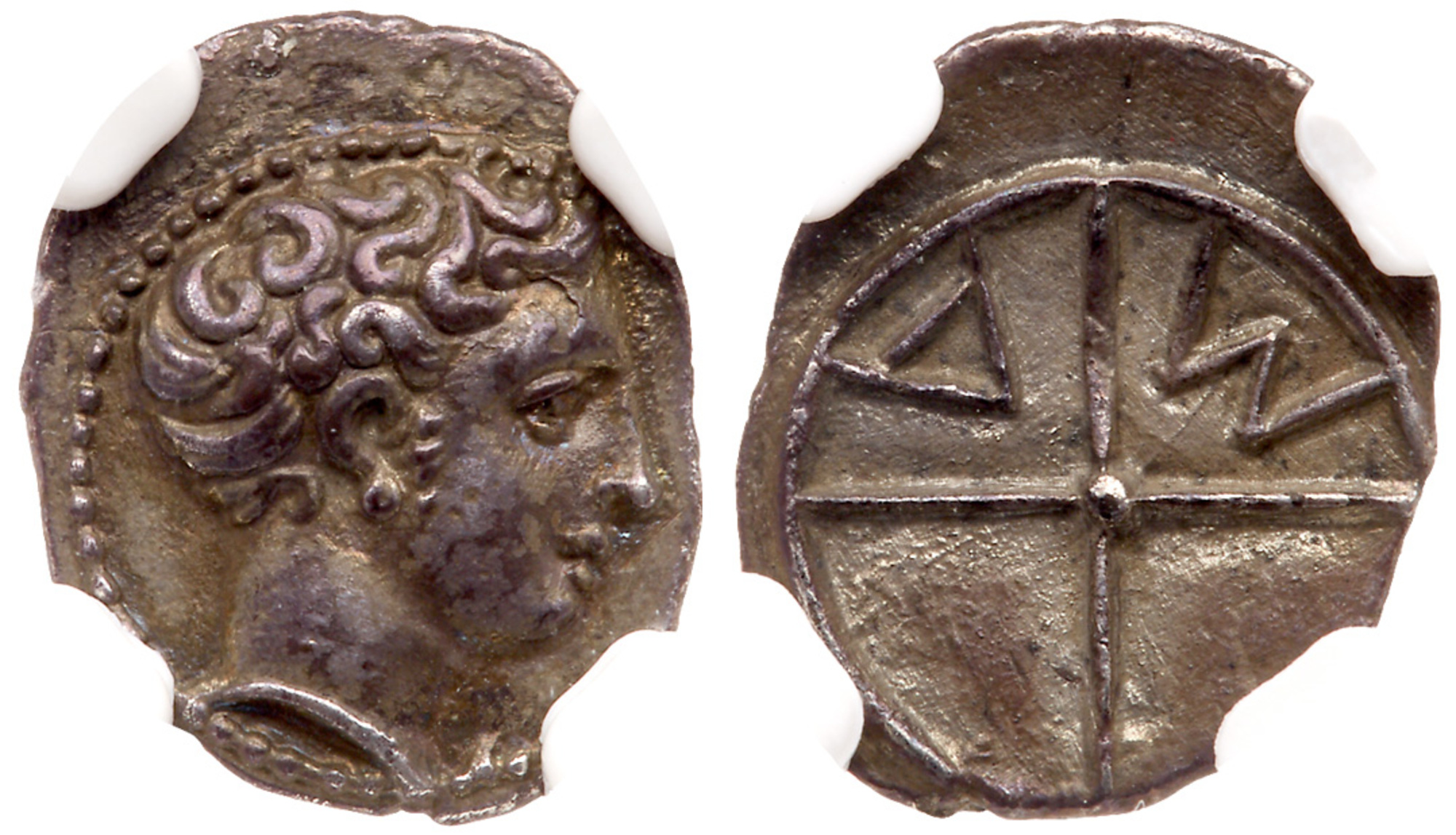 Gaul, Massalia. Silver Obol (0.60 g), ca. 100-50 BC. Bare head of Apollo left. Reverse: M-A, wheel