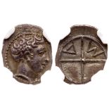 Gaul, Massalia. Silver Obol (0.60 g), ca. 100-50 BC. Bare head of Apollo left. Reverse: M-A, wheel