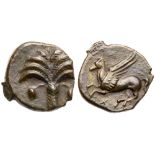 Sicily, Punic occupation. Æ (1.91 g), ca. 330-300 BC. Date palm with two bunches of fruits. Reverse: