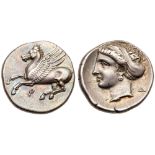Corinthia, Corinth. Silver Drachm (2.73 g), ca. 350-300 BC. Q below, Pegasos flying left. Reverse: