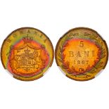 Romania. 5 Bani, 1867-H. KM-3.1. Heaton mint. Carol I. Crowned arms. Reverse; Value and date