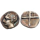 Gaul, Massalia. Silver Obol (0.63 g), ca. 100-50 BC. Bare head of Apollo left. Reverse: M-A, wheel