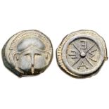 Thrace, Mesambria. Æ (5.25 g), ca. 325-175 BC. Facing helmet. Reverse: M-E-Σ-A within spokes of