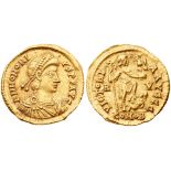 Honorius. Gold Solidus (4.46 g), AD 393-423. Ravenna, AD 402-406. D N HONORI-VS P F AVG, diademed,