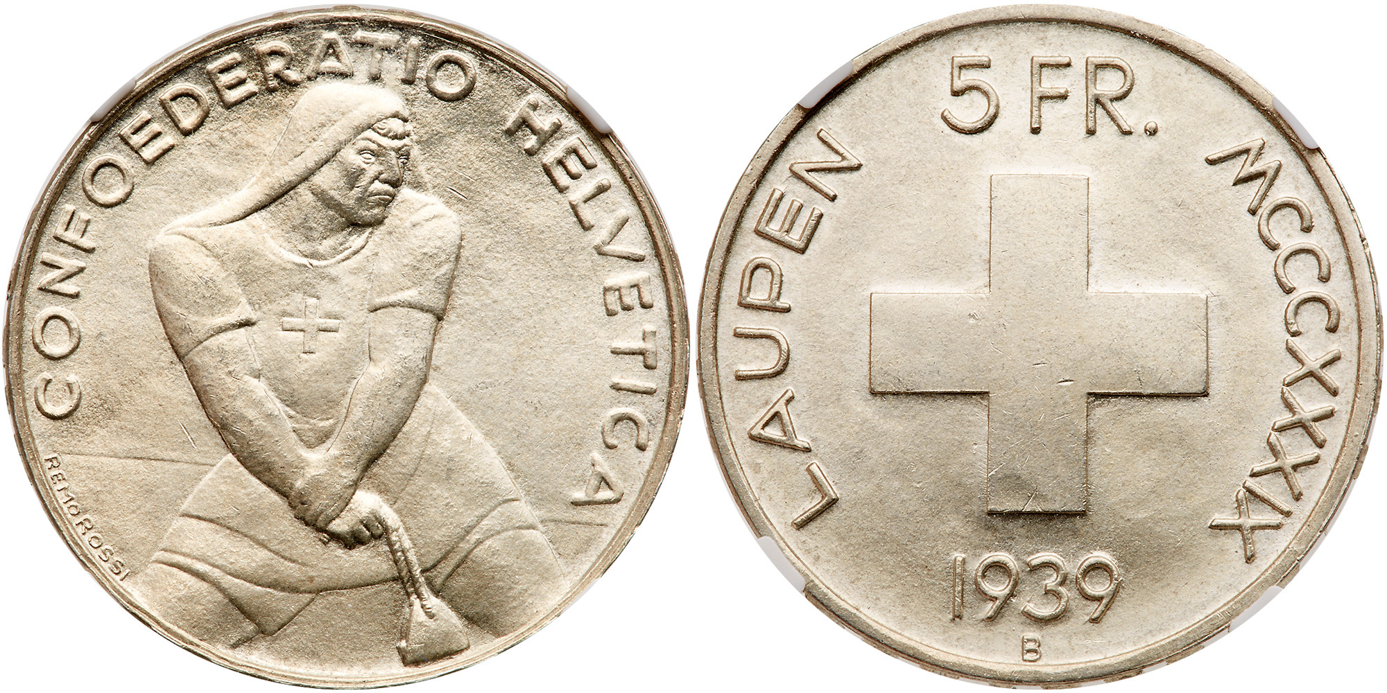 Switzerland. 5 Francs, 1939-B. KM-42. Battle of Laupen Anniversary. NGC graded MS-65. Estimate Value