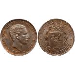 Spain. 10 Centimos, 1877-OM. KM-675. Alfonso XII. PCGS graded MS-62 Brown. Estimate Value $75 - 100