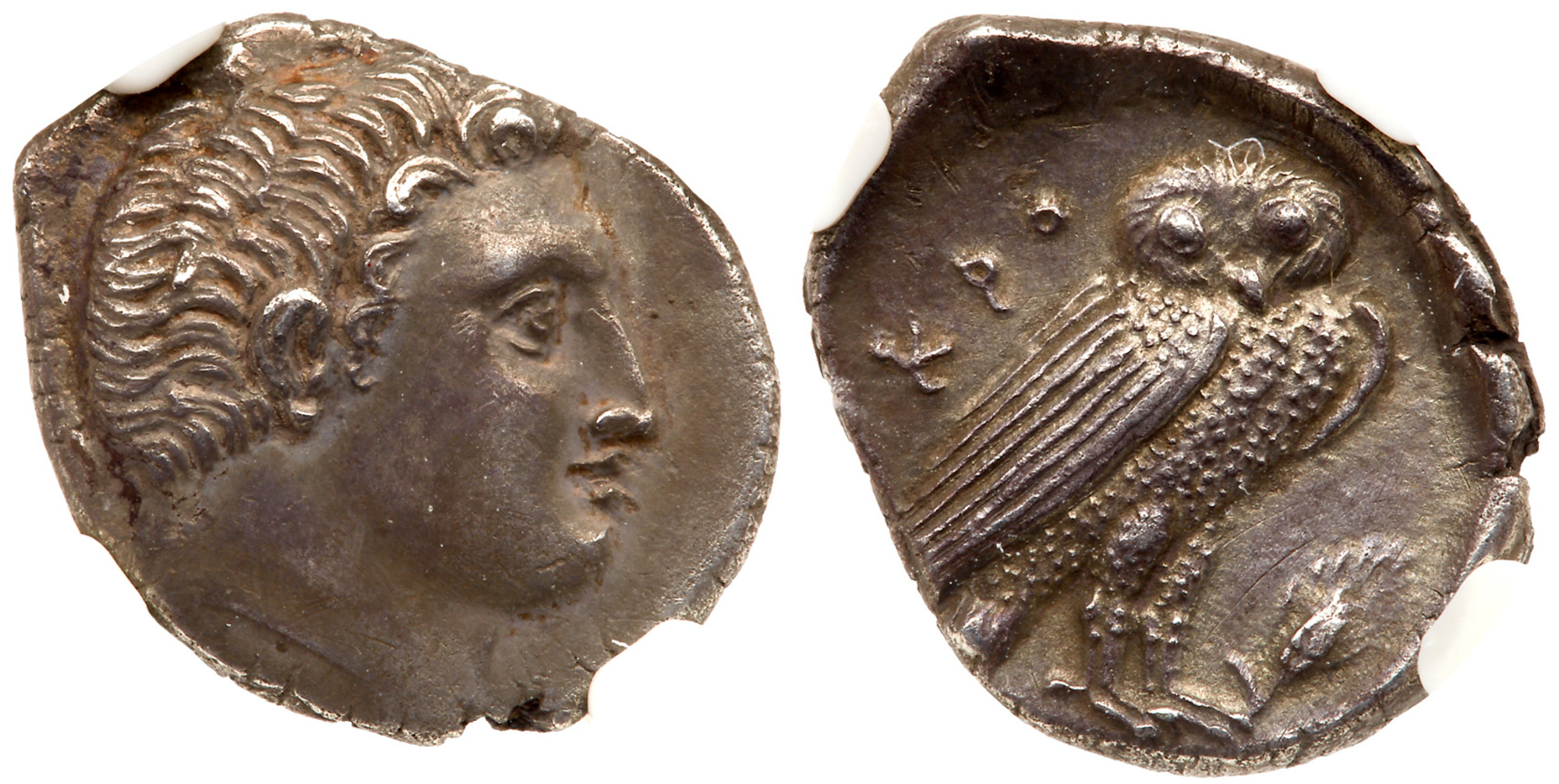 Bruttium, Kroton. Silver Drachm (2.77 g), ca. 300-250 BC. Bare male head right. Reverse: KPO, owl