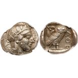 Attica, Athens. Silver Tetradrachm (17.18 g), ca. 454-404 BC. Helmeted head of Athena right, frontal