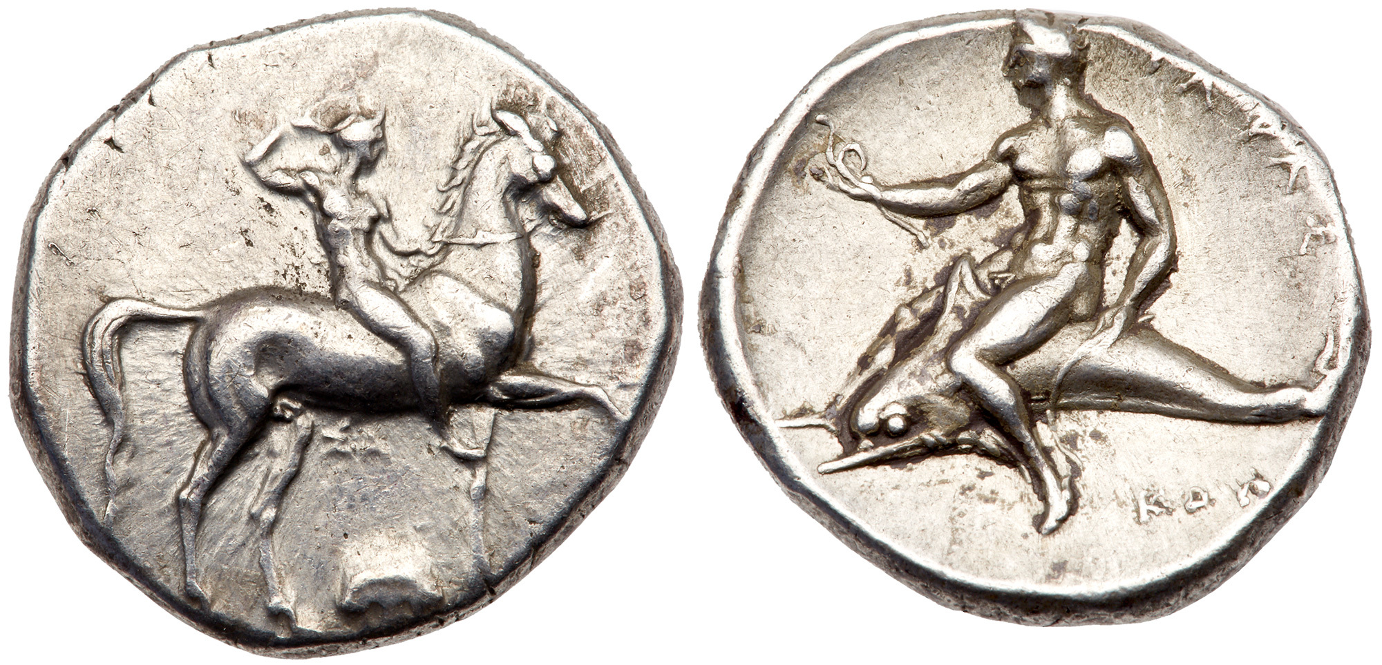 Calabria. Tarentum/Taras. Silver Didrachm (7.88g), 332-302 BC. Sa- and Kon-, magistrates. Nude youth