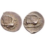 Sikyonia, Sikyon. Silver Obol (0.84 g), ca. 370-340/30 BC. Dove flying right, with fillet in beak