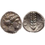 Lucania, Metapontion. Silver Nomos (7.78 g), ca. 400-340 BC. Head of Demeter right, hair bound in