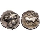 Campania, Neapolis. Silver Nomos (7.52 g), ca. 395-385 BC. Head of the nymph Parthenope right,
