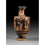 Attische Lekythos der Klasse von Athen 581. 500 - 480 v. Chr. H 18,6cm. Schwarzfigurig, Details in