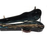 A W.E. HILL & SONS EBONIZED WOOD VIOLIN CASE together with seven assorted violin bows, all unsigned,