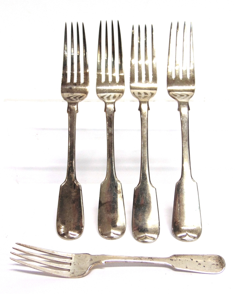 A PAIR OF WILLIAM IV IRISH SILVER DINNER FORKS maker P.W., Dublin 1834; with two similar Irish