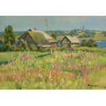 YURI KAPRANOLOV (RUSSIAN, 20TH CENTURY) 'Summertime', farmstead with wild flowers, oil on board,