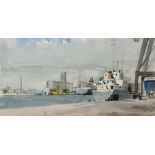 BRITISH SCHOOL (20TH CENTURY) Dock Scene with Moored Freighters, watercolour, indistinctly signed