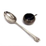 A BOTTOM MARKED SILVER DESSERT SPOON London 1777; with a silver salt, with silver spoon and liner;