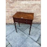 A GEORGIAN MAHOGANY RECTANGULAR SIDE TABLE with two drawers, the four turned tapering supports on