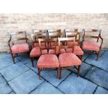 A SET OF TEN INLAID MAHOGANY BAR BACK DINING CHAIRS with upholstered stuff over seats and on squared