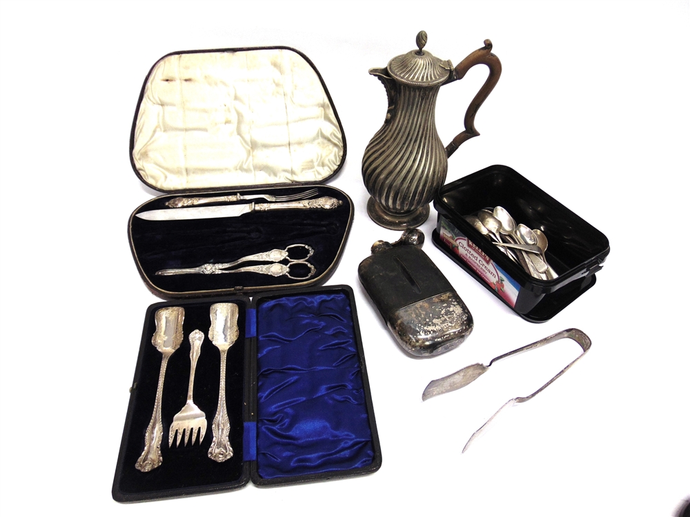 A QUANTITY OF SILVER FLATWARE including some Exeter; a pair of cake tongs; a plated stilton scoop