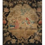 A TAPESTRY PANEL depicting figures within a floral and foliate border, 59cm x 52cm, the reverse