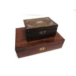 A VICTORIAN ROSEWOOD RECTANGULAR WORK BOX with mother-of-pearl inlaid decorations, width 25.5cm; and