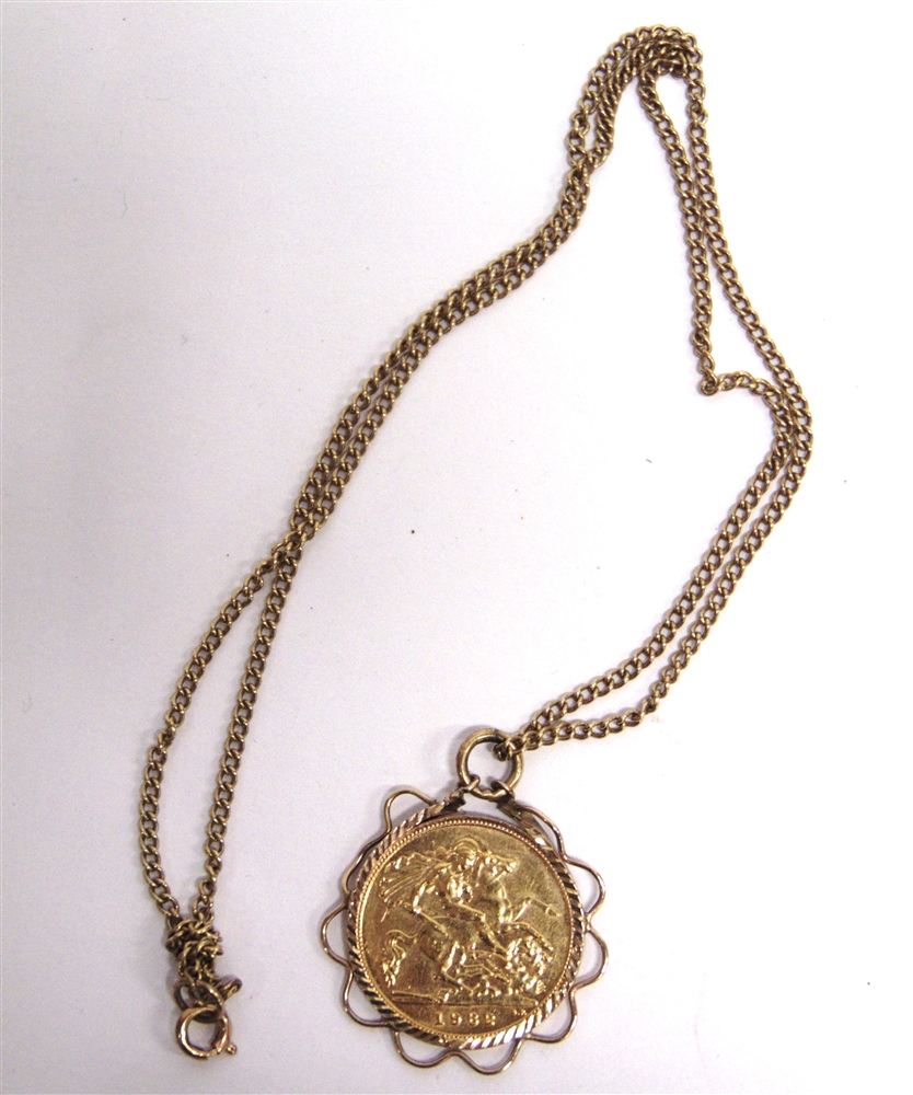 A 1982 HALF SOVEREIGN in a 9 carat gold scroll pendant mount, on a chain, 7.3g gross