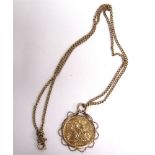 A 1982 HALF SOVEREIGN in a 9 carat gold scroll pendant mount, on a chain, 7.3g gross