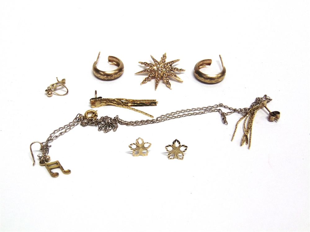 A SEED PEARL STAR BURST PENDANT stamped 'Birks'; three pairs of gold earrings; 5.3g gross; and