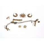 A SEED PEARL STAR BURST PENDANT stamped 'Birks'; three pairs of gold earrings; 5.3g gross; and