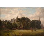 BRITISH SCHOOL (LATE 19TH CENTURY) Cattle, Deer and Turkeys before a Tree-Lined Churchyard, oil on