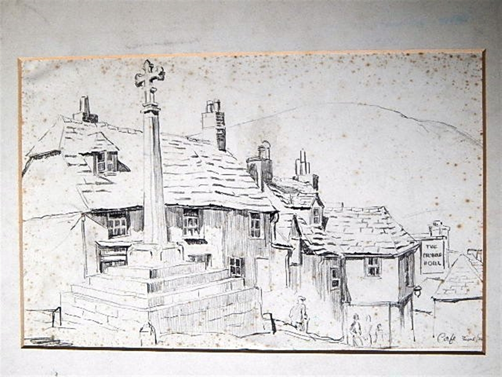 DOREEN DEBENHAM (WIFE OF PERCY DRAKE BROOKSHAW) 'Corfe - The Greyhound Hotel' pencil sketch, dated