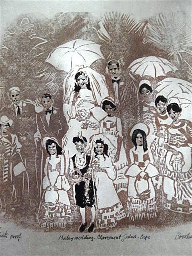 PERCY DRAKE BROOKSHAW (BRITISH, 1907 - 1993) 'Malay Wedding - Claremont - Cape' lino cut, signed and