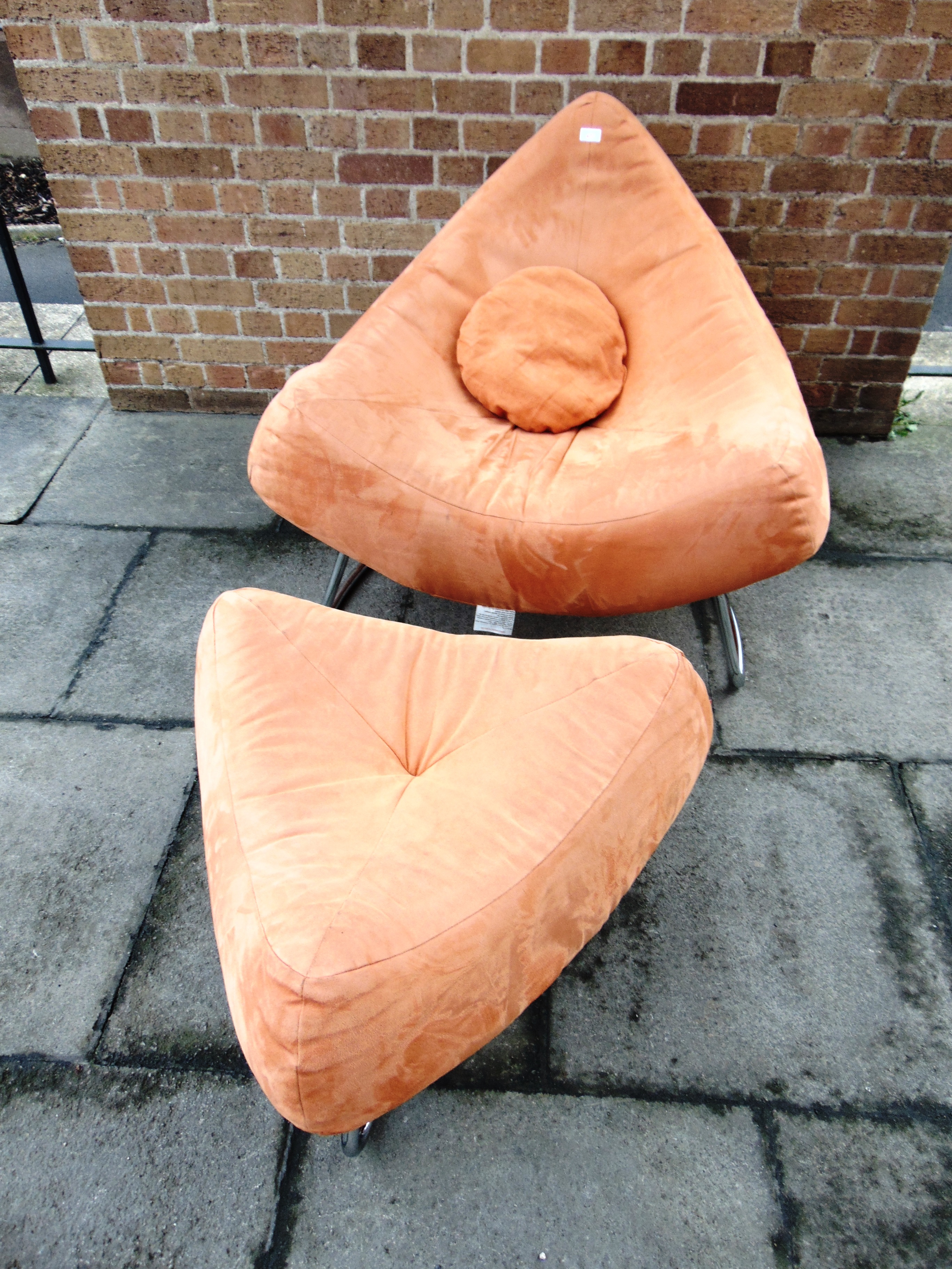 A LARGE EASY CHAIR AND MATCHING POUFFE on chrome tubular steel supports, upholstered in orange - Image 3 of 3