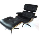 AFTER CHARLES AND RAY EAMES: a black leather and rosewood laminate lounge chair and matching ottoman
