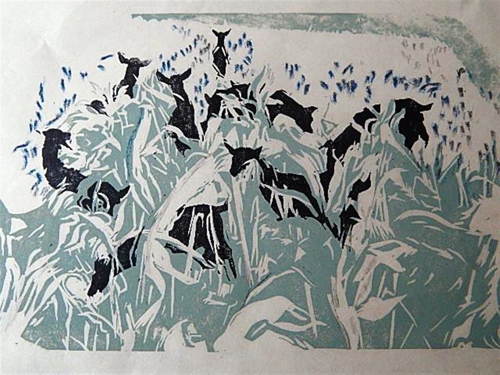 PERCY DRAKE BROOKSHAW (BRITISH, 1907 - 1993) 'Gleaners in the Corn - Loja' lino cut, signed and - Image 2 of 2