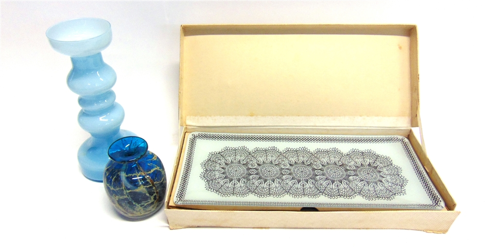 A BOXED SET OF CHANCE 'FIESTA GLASS' DISHES seven matching hollow stem glasses 17.5cm high, a