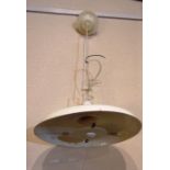 A PAIR OF METAL CEILING LIGHT FITTINGS finished in white enamel, 57cm diameter