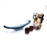 FOUR ITEMS OF WHITEFRIARS GLASS including a 'knobbly' glass vase 23cm high