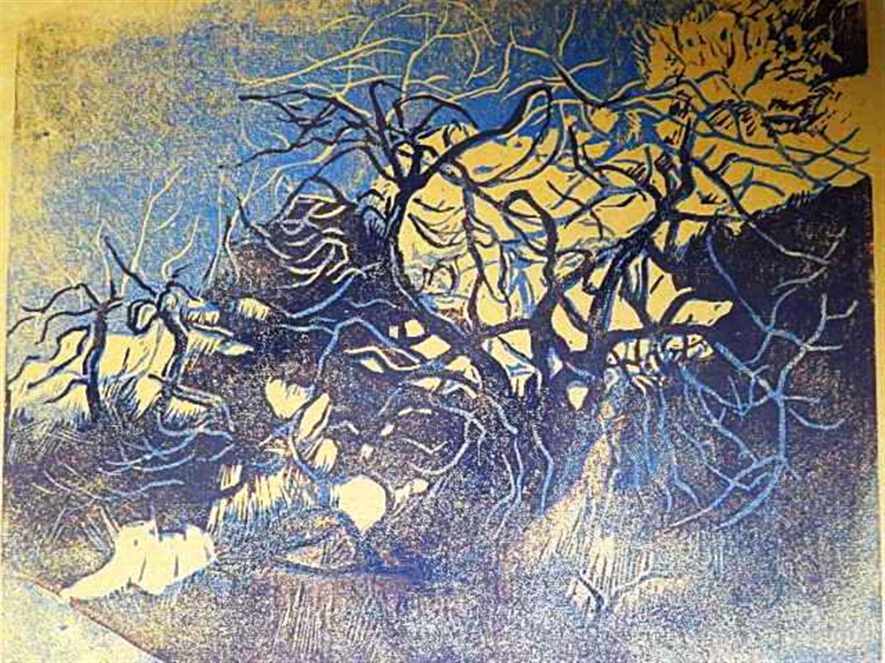 PERCY DRAKE BROOKSHAW (BRITISH, 1907 - 1993) 'Trees at Sunset near Mijas' lino cut, signed in pencil