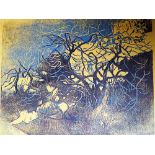 PERCY DRAKE BROOKSHAW (BRITISH, 1907 - 1993) 'Trees at Sunset near Mijas' lino cut, signed in pencil